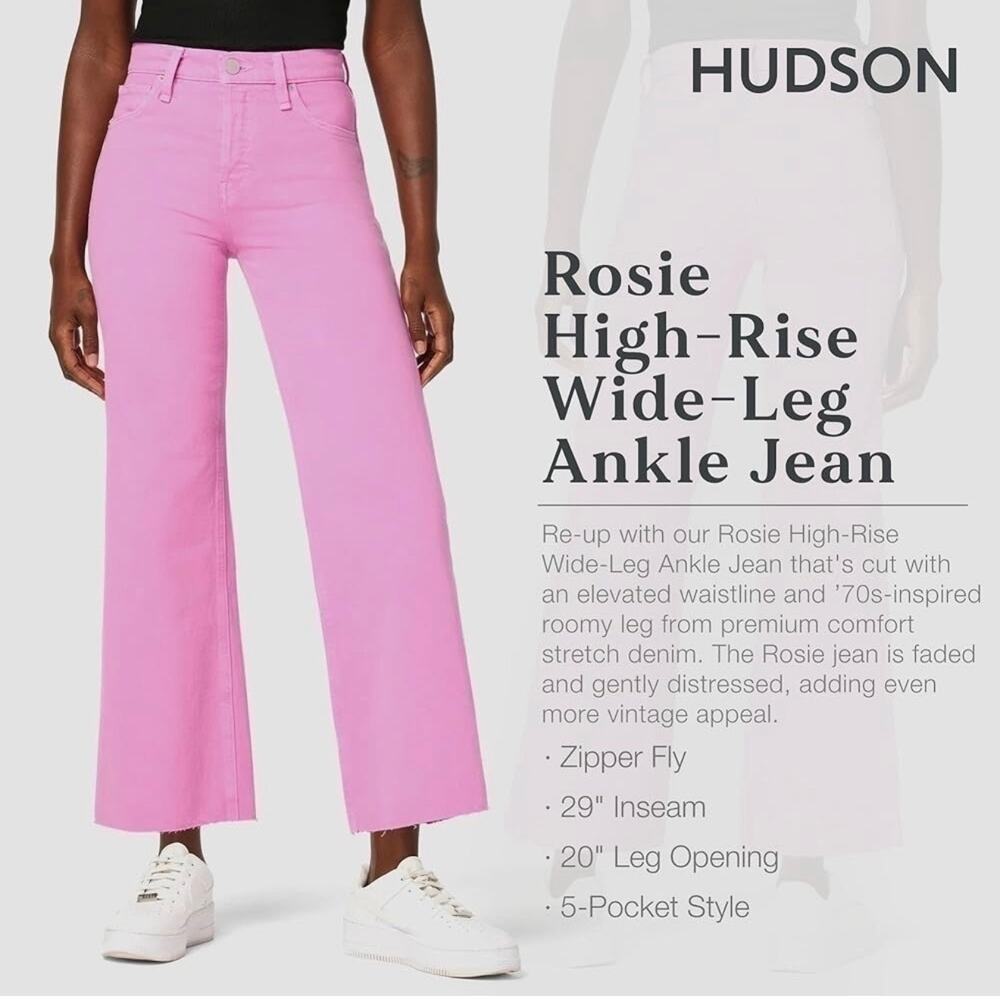 Hudson Rosie High Rise Wide Leg Ankle Jeans Pink Size 27 Raw Hem Boho Pinkcore